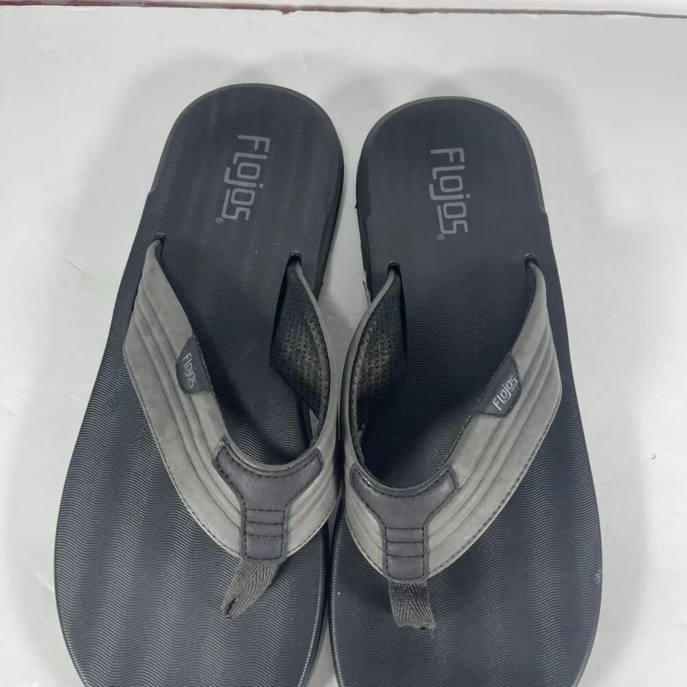 Flojos Men's Black Gray Thong Sandals Flip Flops Comfort Slides Size 12 Beach